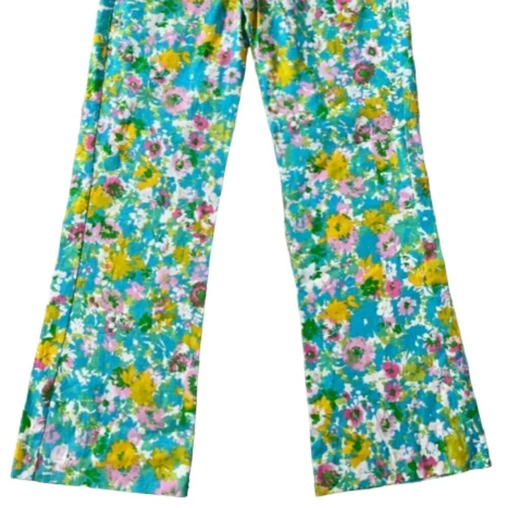 Zara NWT Printed Linen Blend Flared Trousers Green Blue Pink Floral Print Size 4